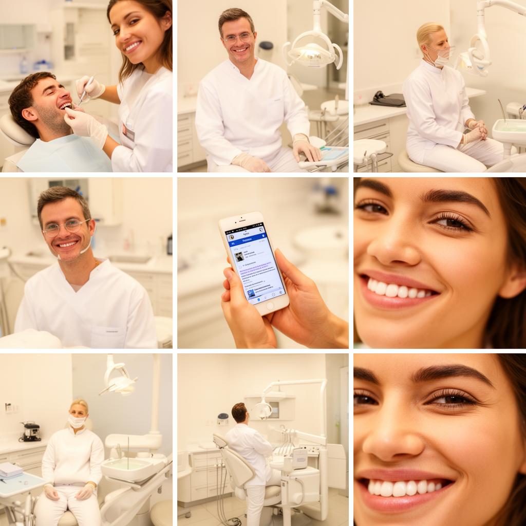 Dentista atendendo pacientes e configurando anúncios no consultório